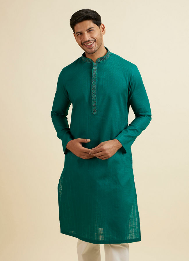 alt message - Manyavar Men Teal Green Striped Plain Kurta Set image number 0