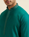 alt message - Manyavar Men Teal Green Striped Plain Kurta Set image number 1