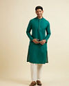 alt message - Manyavar Men Teal Green Striped Plain Kurta Set image number 2