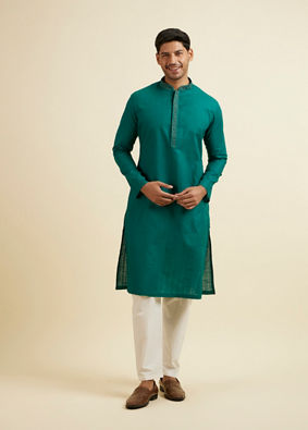 alt message - Manyavar Men Teal Green Striped Plain Kurta Set image number 2