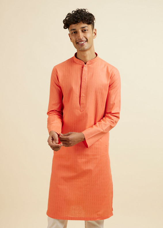 Manyavar Men Orange Plain Kurta Set