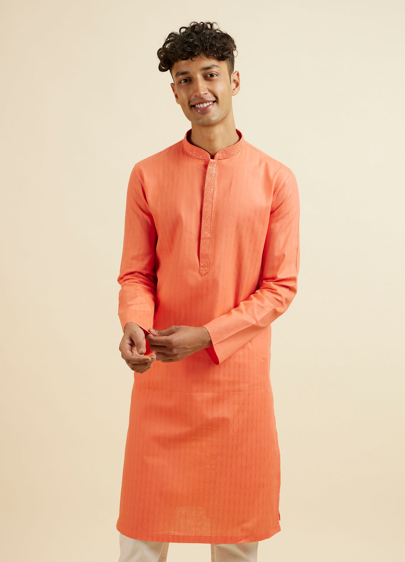 Manyavar Men Orange Plain Kurta Set