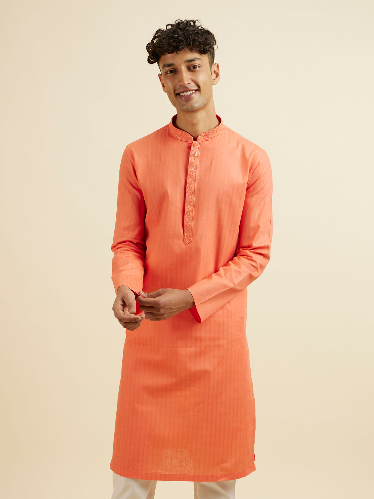 Manyavar Men Orange Plain Kurta Set