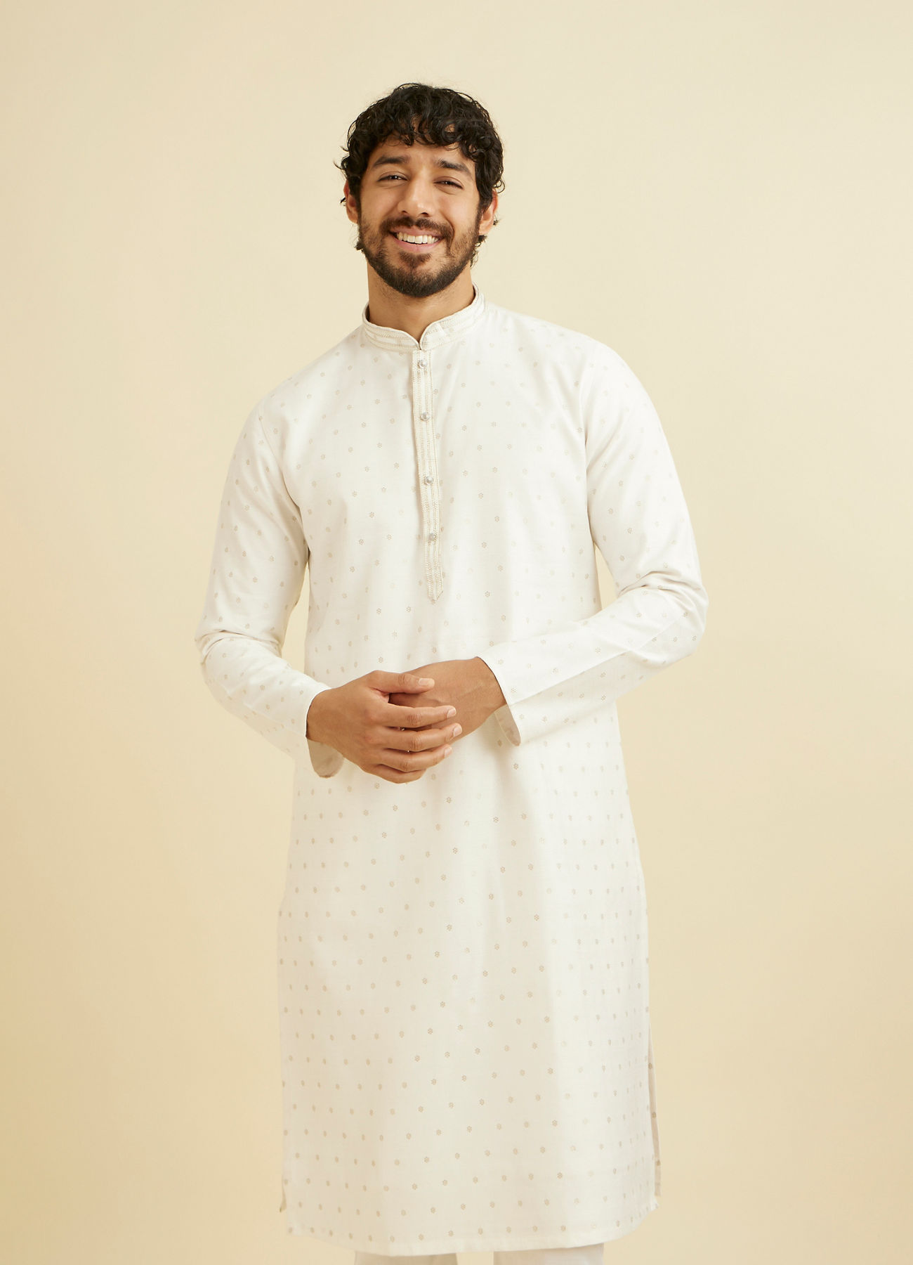 Manyavar Men Warm White Floral Buta Patterned Kurta Set