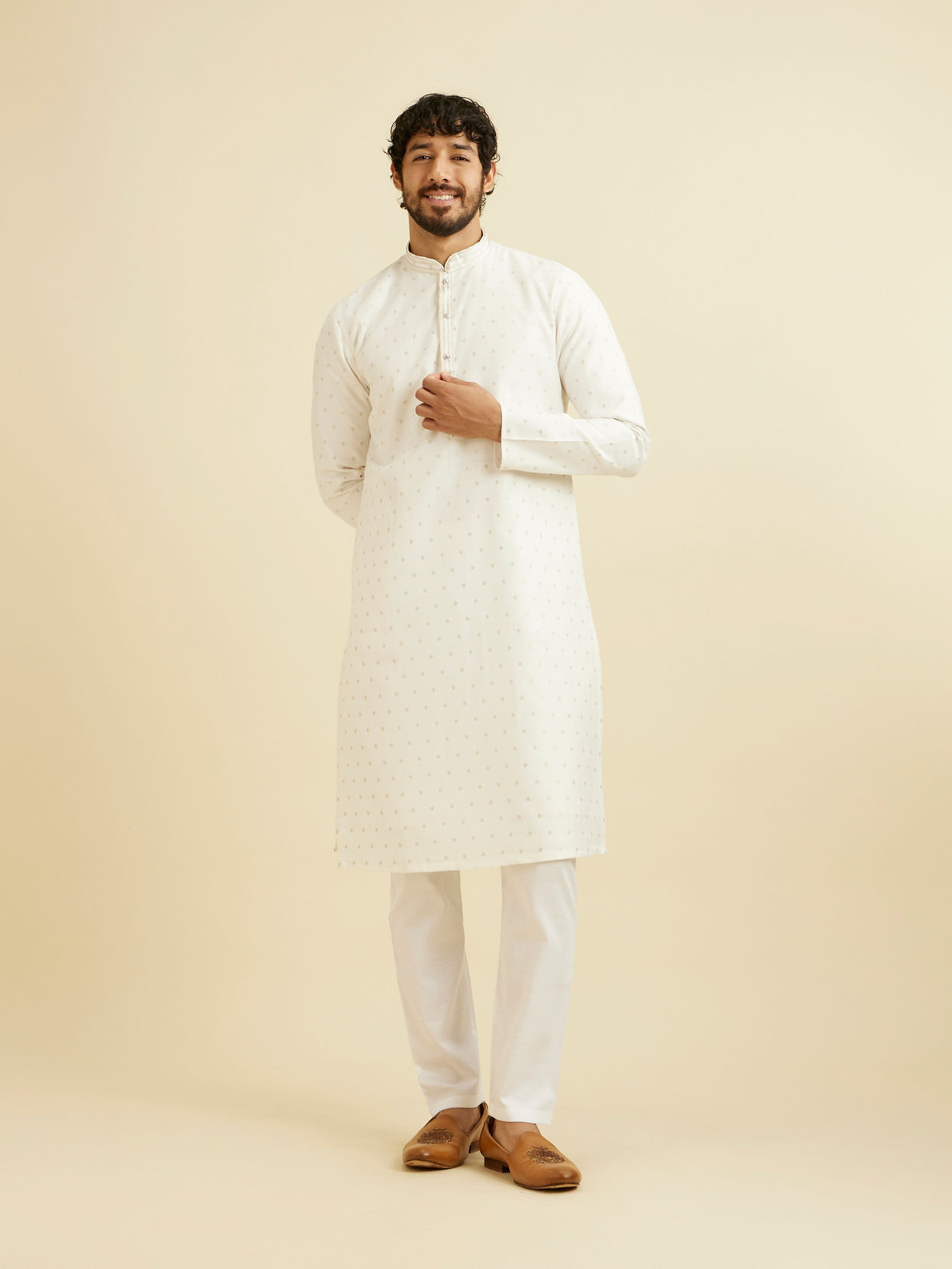 Manyavar Men Warm White Floral Buta Patterned Kurta Set