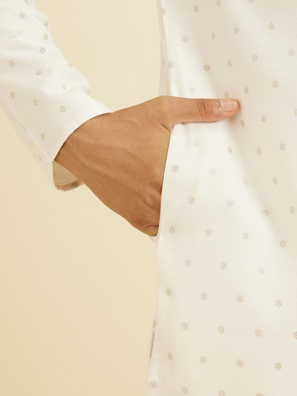Manyavar Men Warm White Floral Buta Patterned Kurta Set