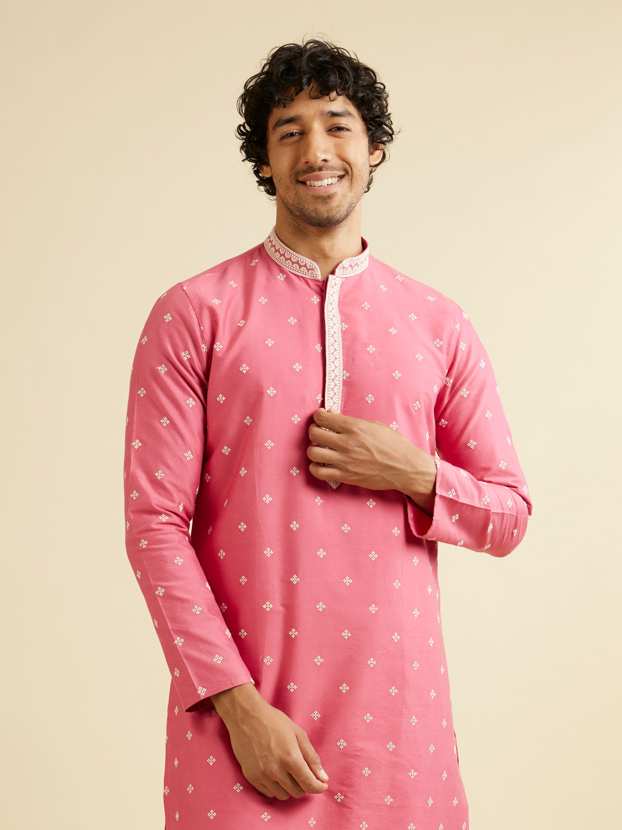 Manyavar Men Rani Pink Buta Embroidered Kurta Set