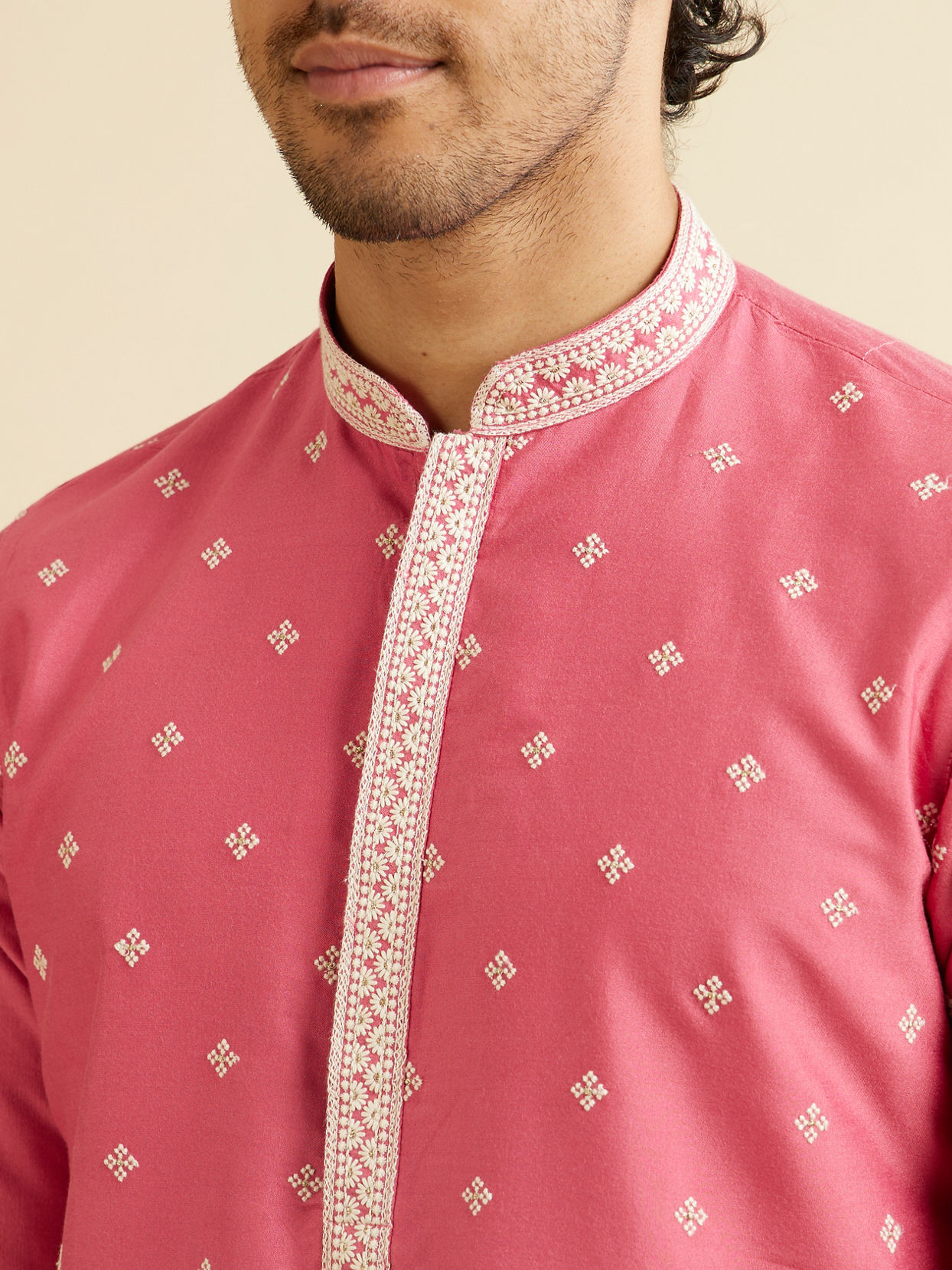 Manyavar Men Rani Pink Buta Embroidered Kurta Set