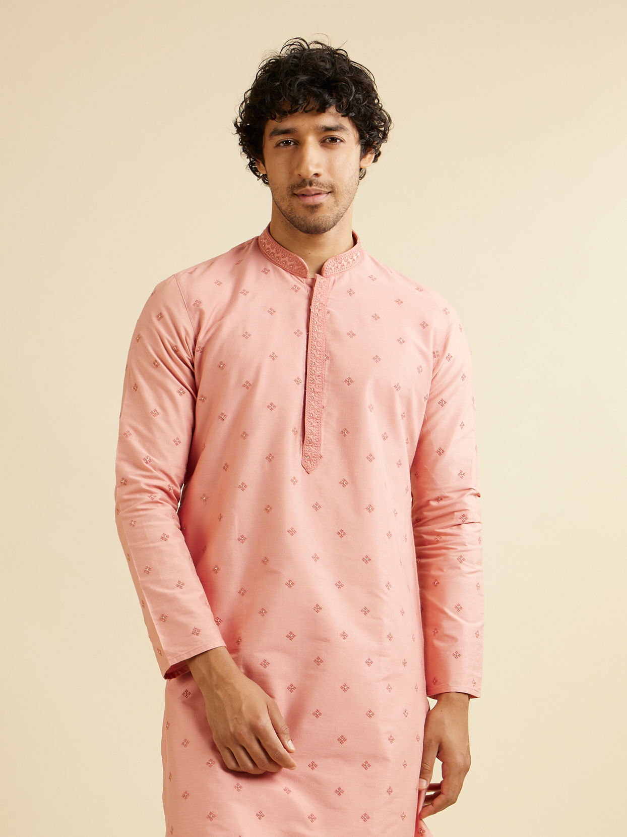 Manyavar Men Dusty Pink Buta Embroidered Kurta Set
