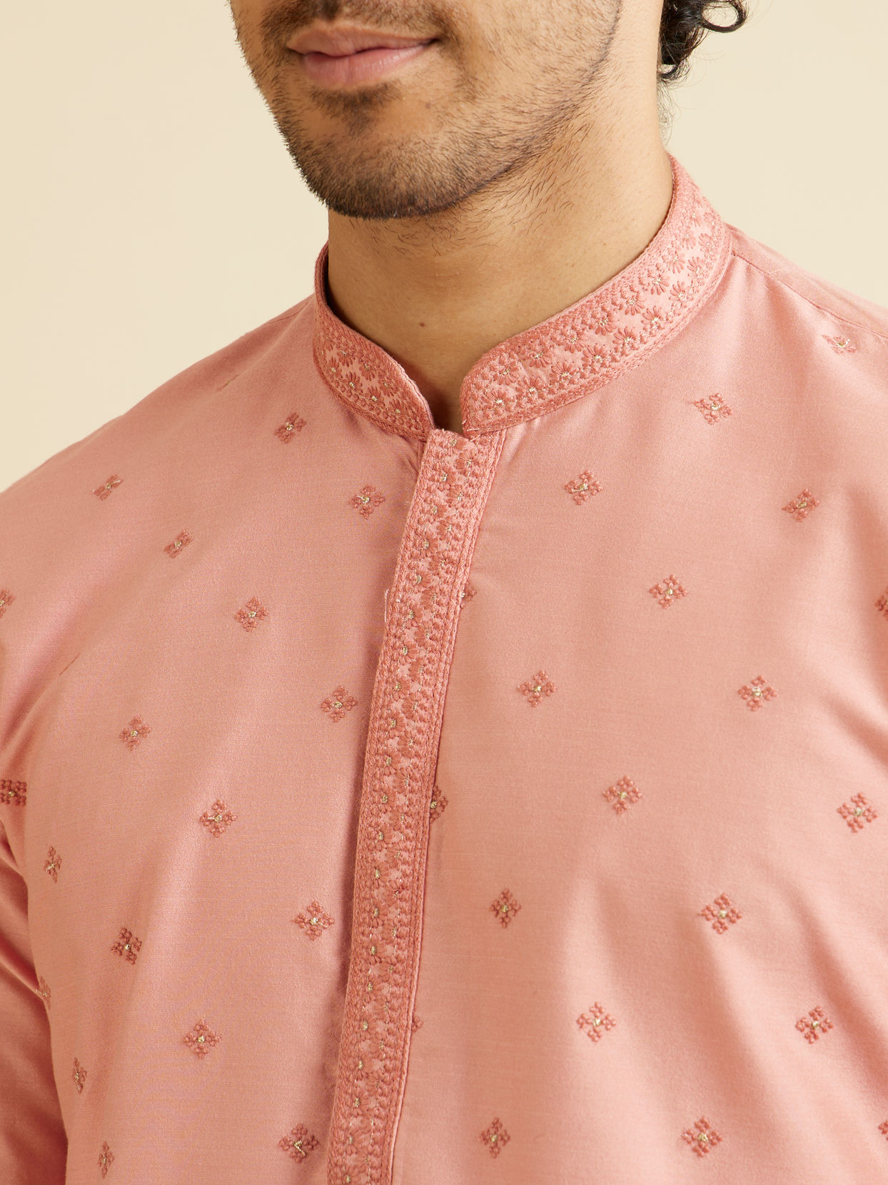 Manyavar Men Dusty Pink Buta Embroidered Kurta Set