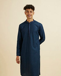 Manyavar Men Dark Blue Chikankari Printed Kurta Set