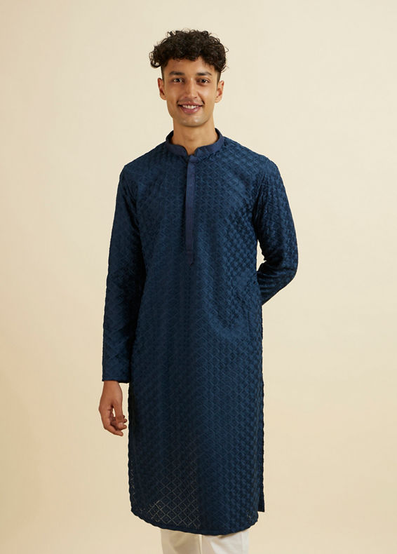 Manyavar Men Dark Blue Chikankari Printed Kurta Set