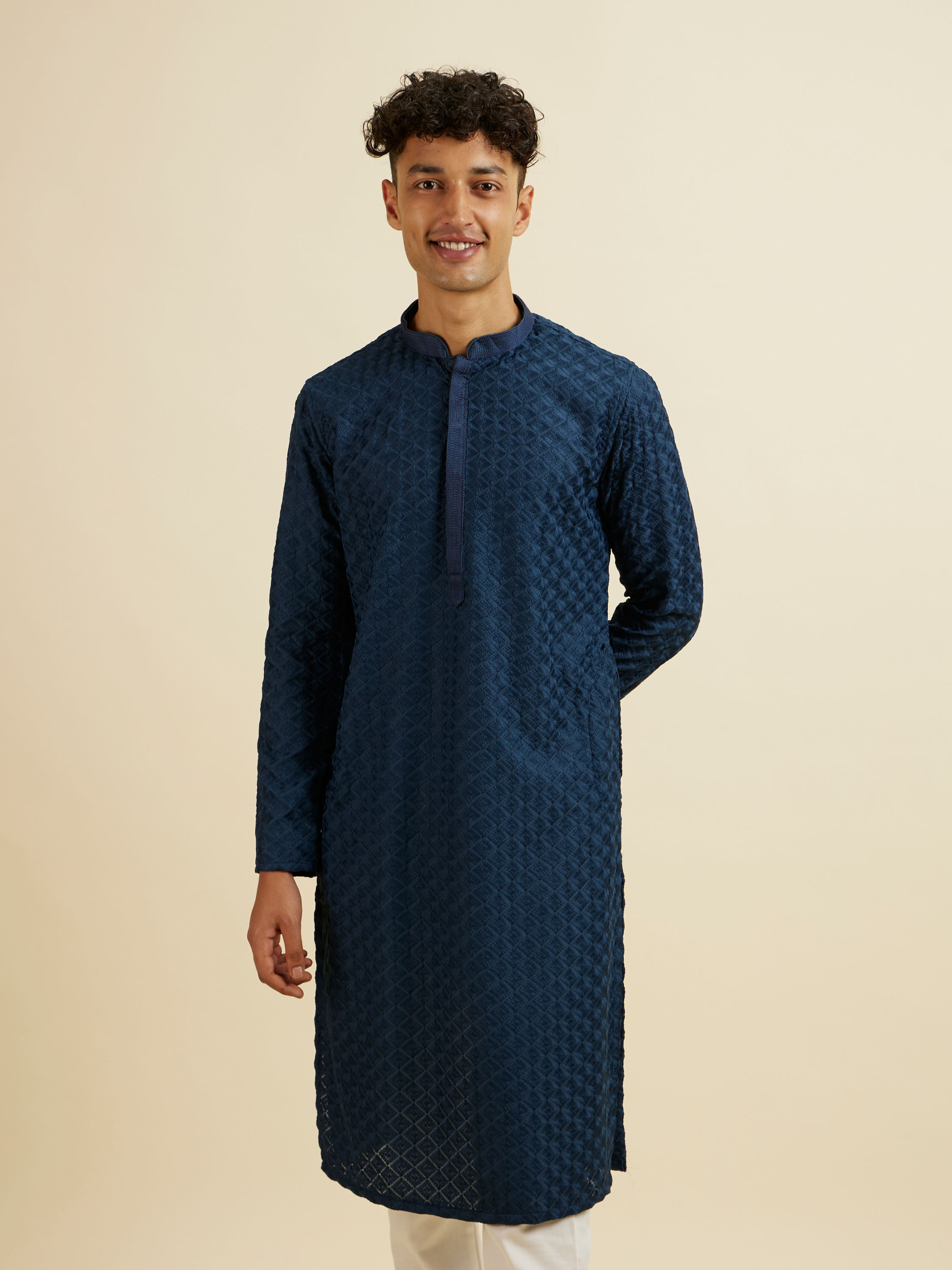 Manyavar Men Dark Blue Chikankari Printed Kurta Set