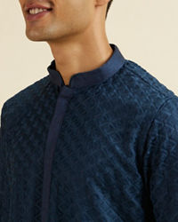 Manyavar Men Dark Blue Chikankari Printed Kurta Set