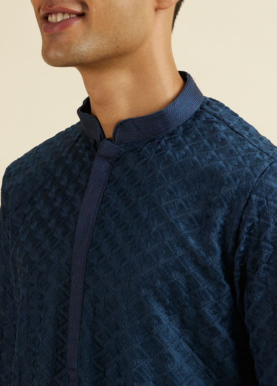 Manyavar Men Dark Blue Chikankari Printed Kurta Set
