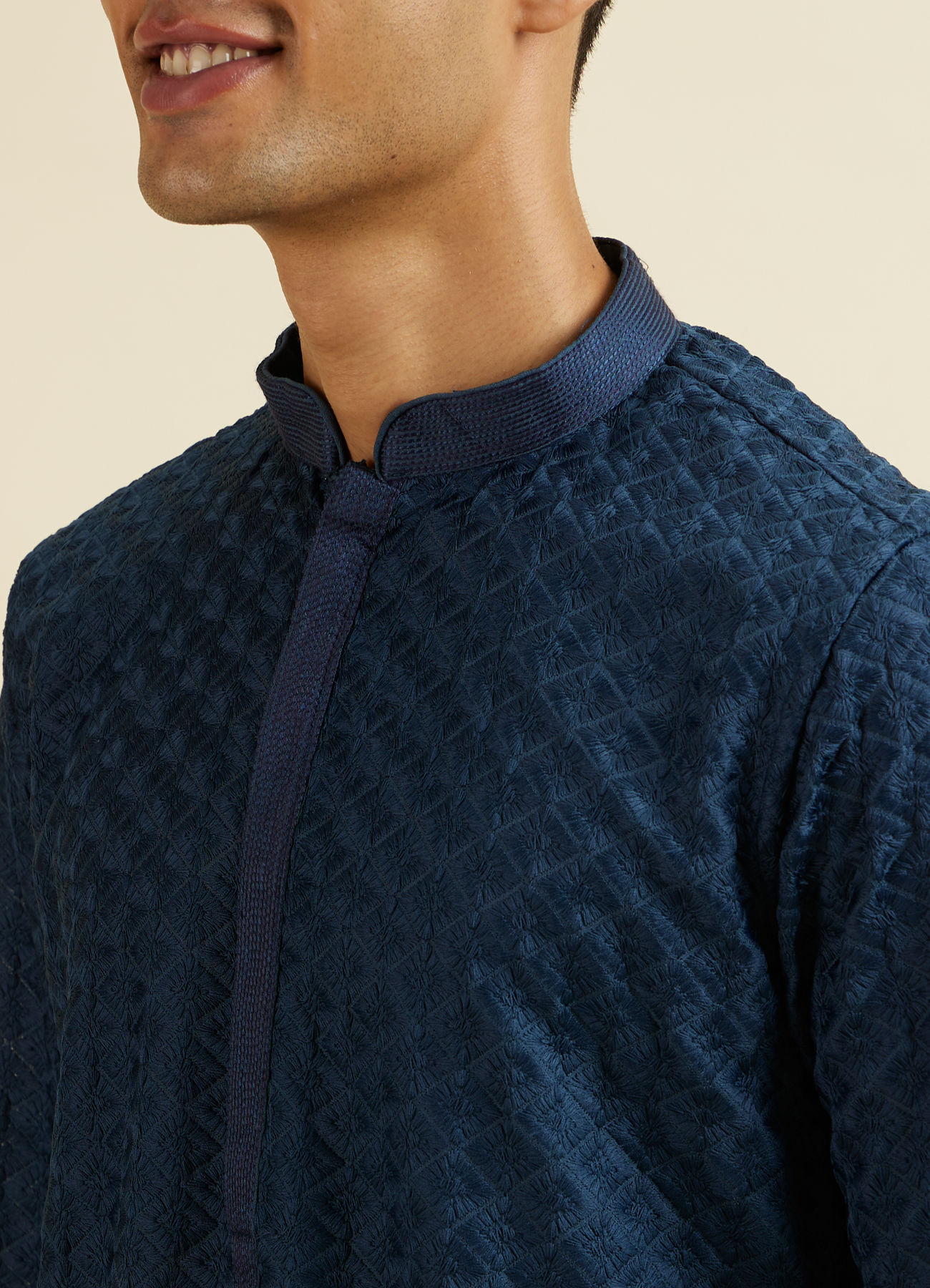 Manyavar Men Dark Blue Chikankari Printed Kurta Set
