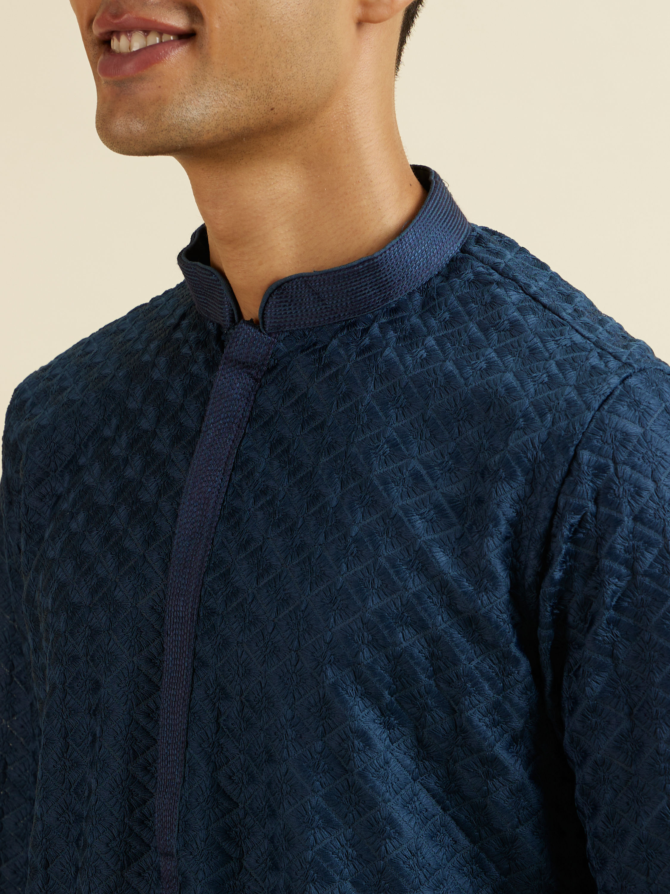 Manyavar Men Dark Blue Chikankari Printed Kurta Set