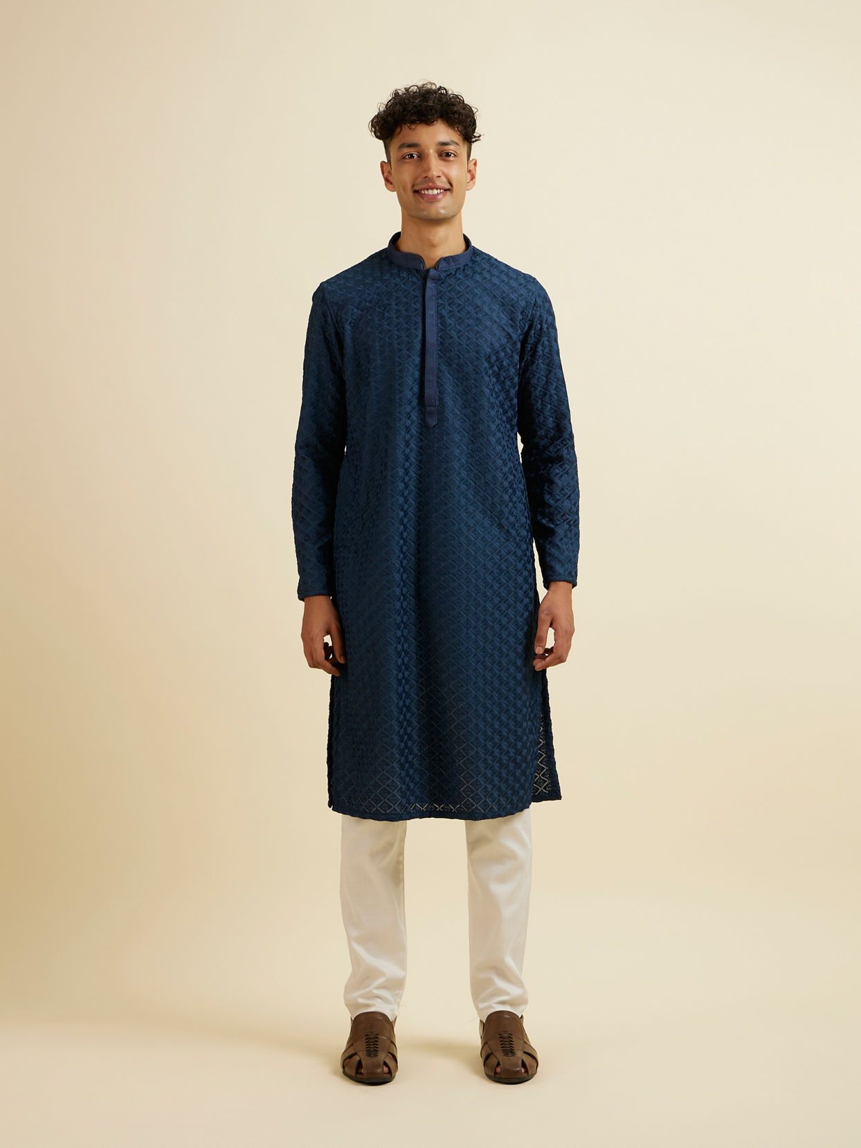 Manyavar Men Dark Blue Chikankari Printed Kurta Set