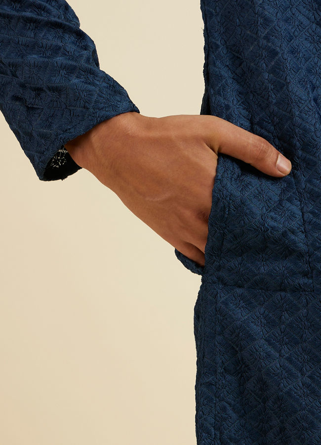 Manyavar Men Dark Blue Chikankari Printed Kurta Set