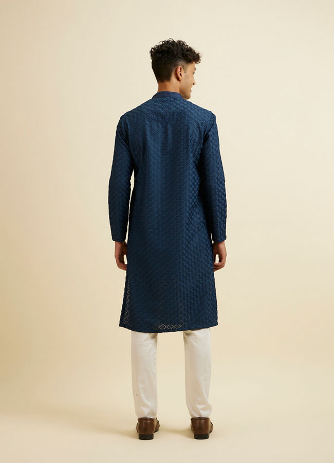 Manyavar Men Dark Blue Chikankari Printed Kurta Set