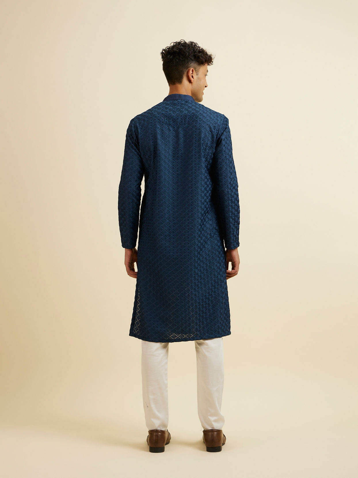 Manyavar Men Dark Blue Chikankari Printed Kurta Set
