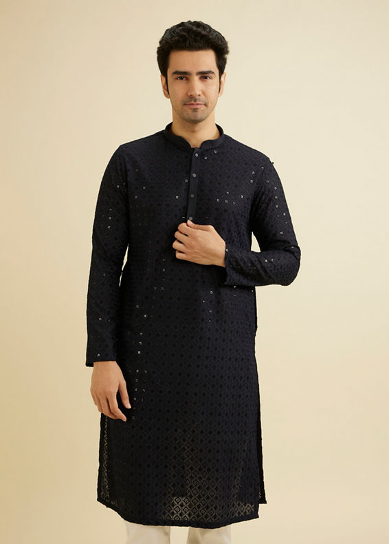 Manyavar Men Charcoal Black Chikankari Kurta Set with Sequin Work