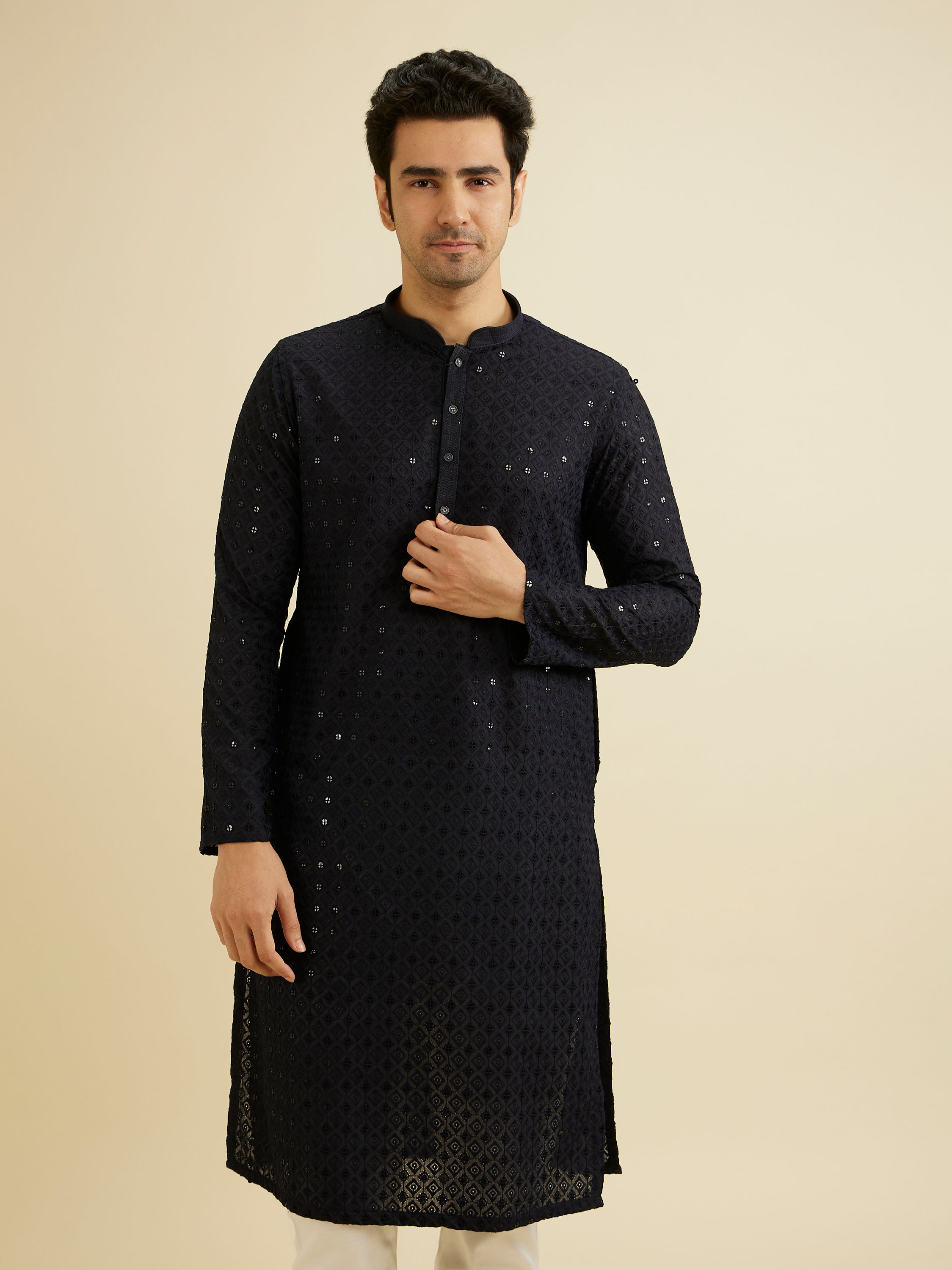 Manyavar Men Charcoal Black Chikankari Kurta Set with Sequin Work