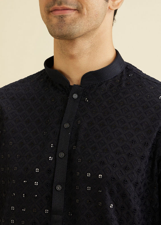 Manyavar Men Charcoal Black Chikankari Kurta Set with Sequin Work