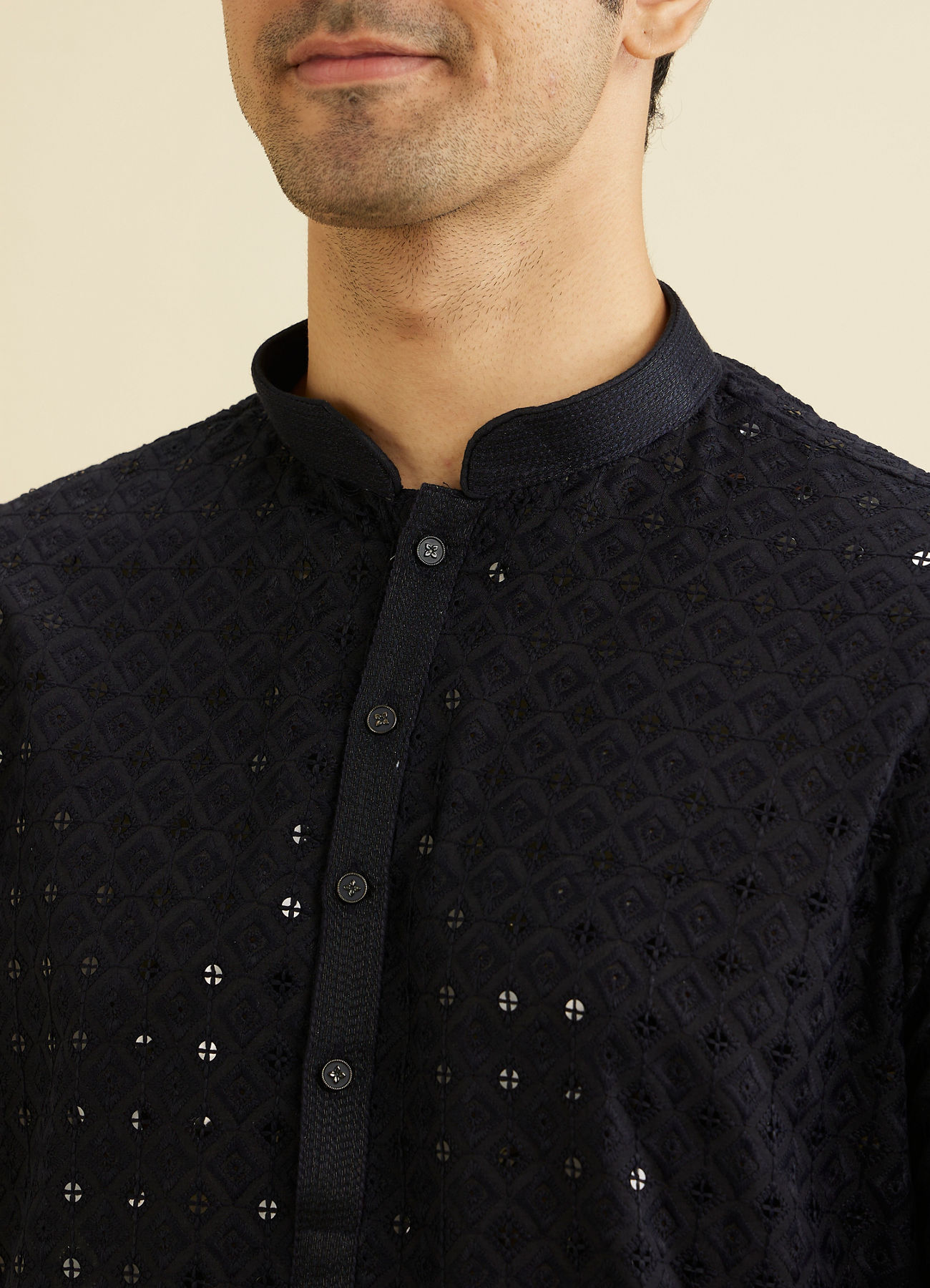 Manyavar Men Charcoal Black Chikankari Kurta Set with Sequin Work
