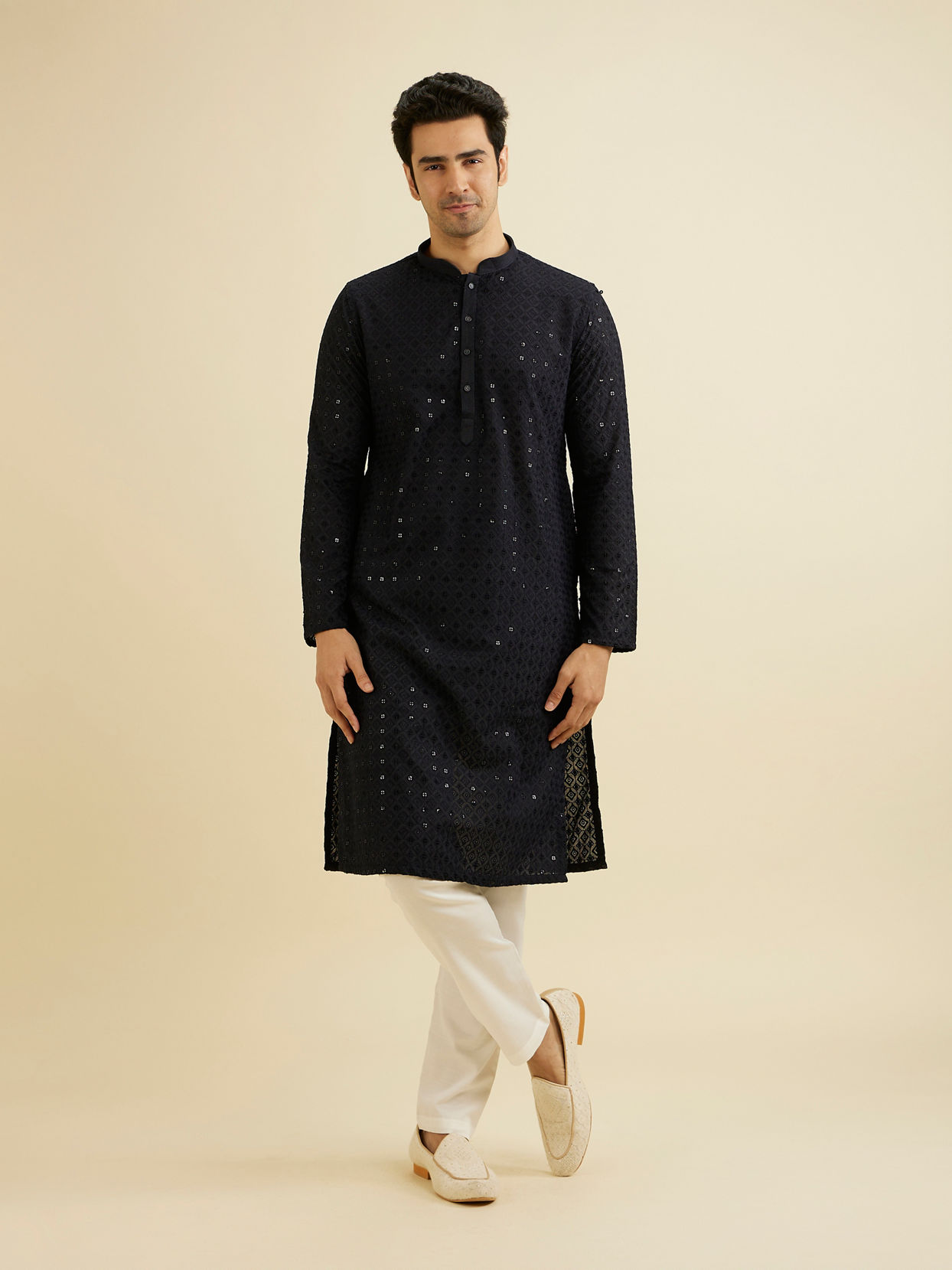 Manyavar Men Charcoal Black Chikankari Kurta Set with Sequin Work