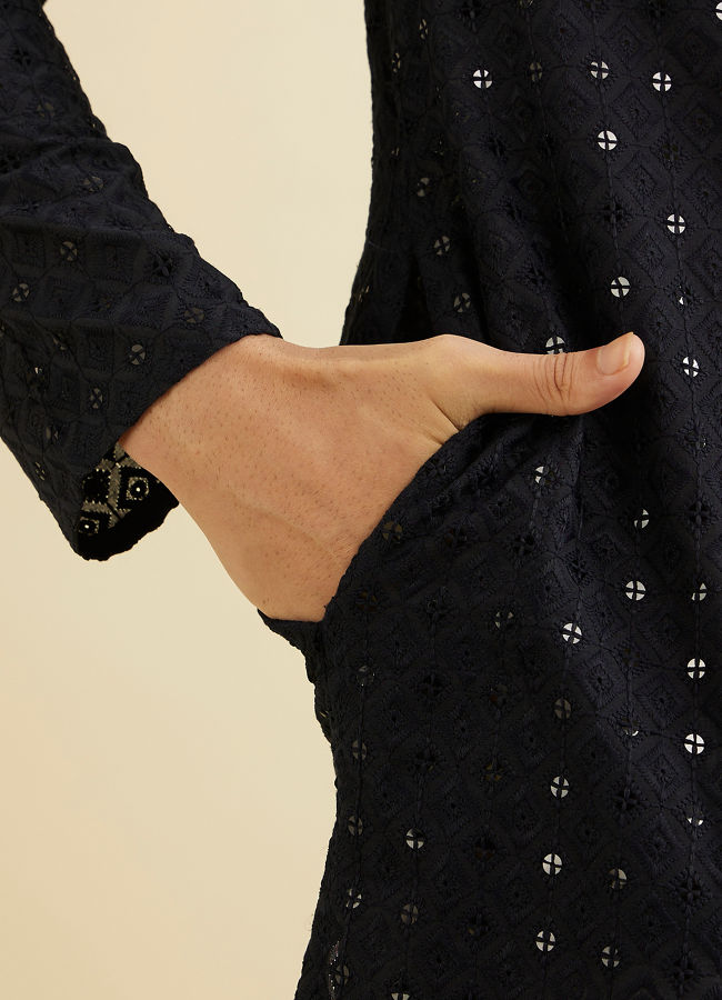 Manyavar Men Charcoal Black Chikankari Kurta Set with Sequin Work