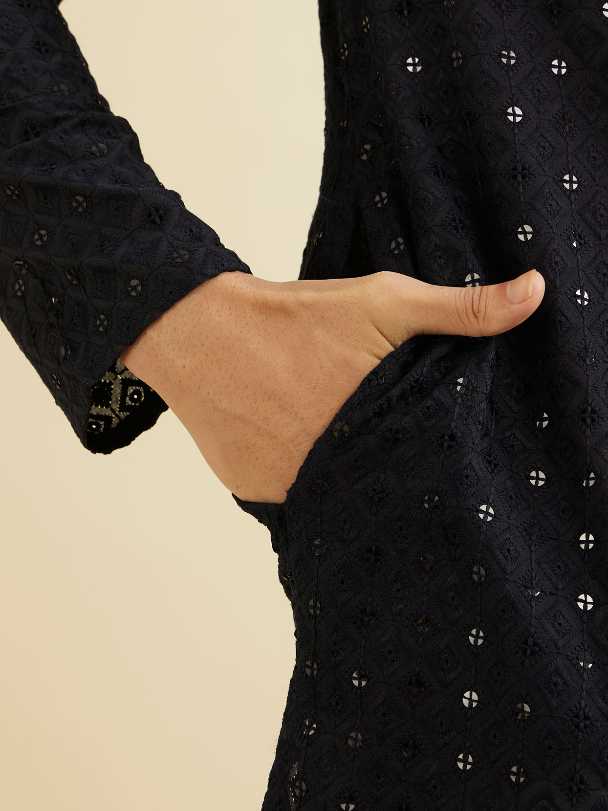 Manyavar Men Charcoal Black Chikankari Kurta Set with Sequin Work