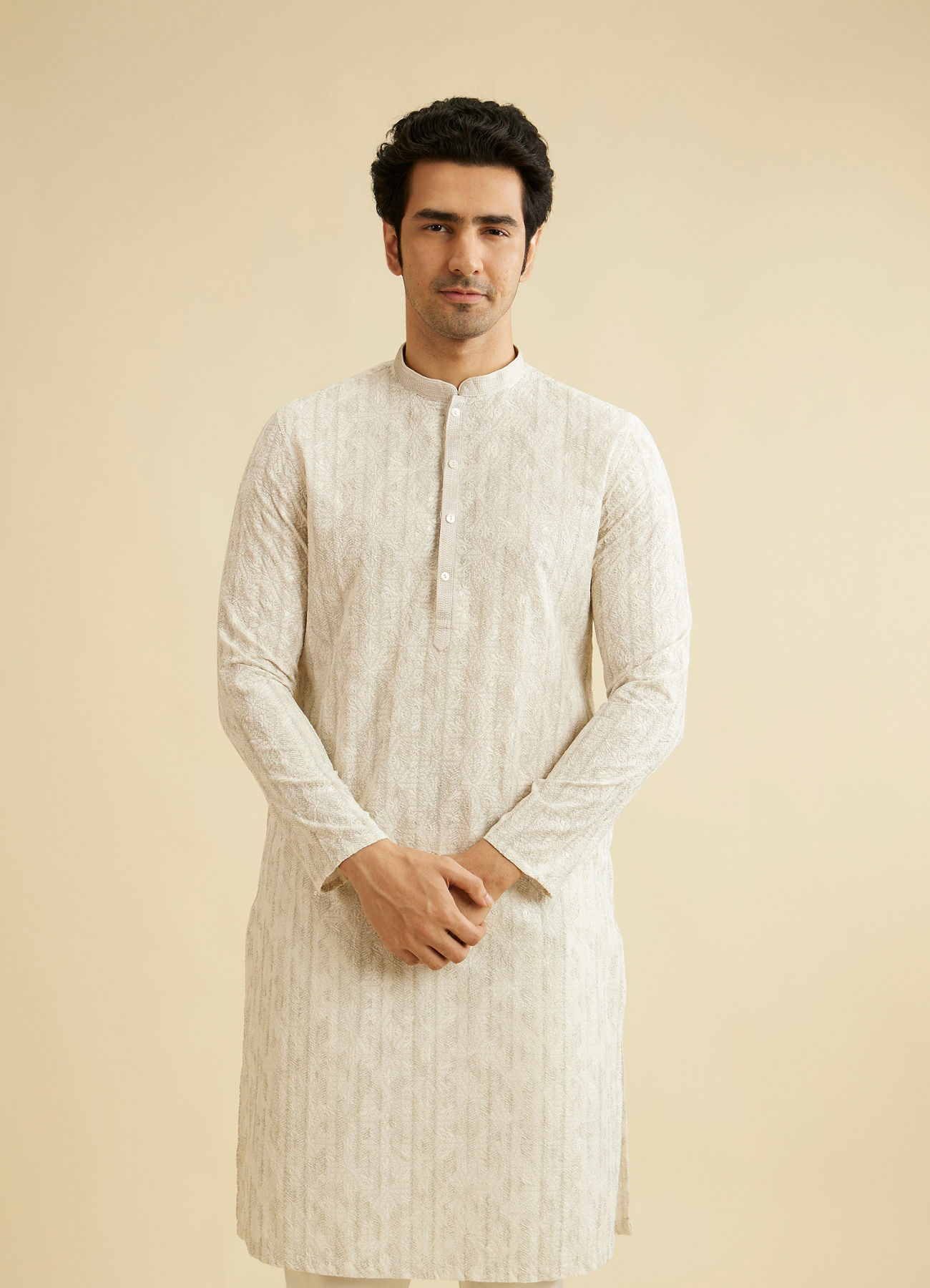 Manyavar Men Soft Beige Chikankari Sequin Embellished Kurta Set