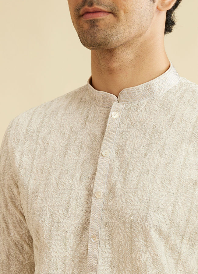 Manyavar Men Soft Beige Chikankari Sequin Embellished Kurta Set