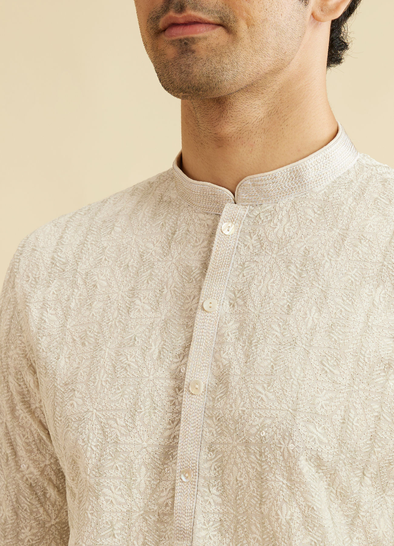 Manyavar Men Soft Beige Chikankari Sequin Embellished Kurta Set
