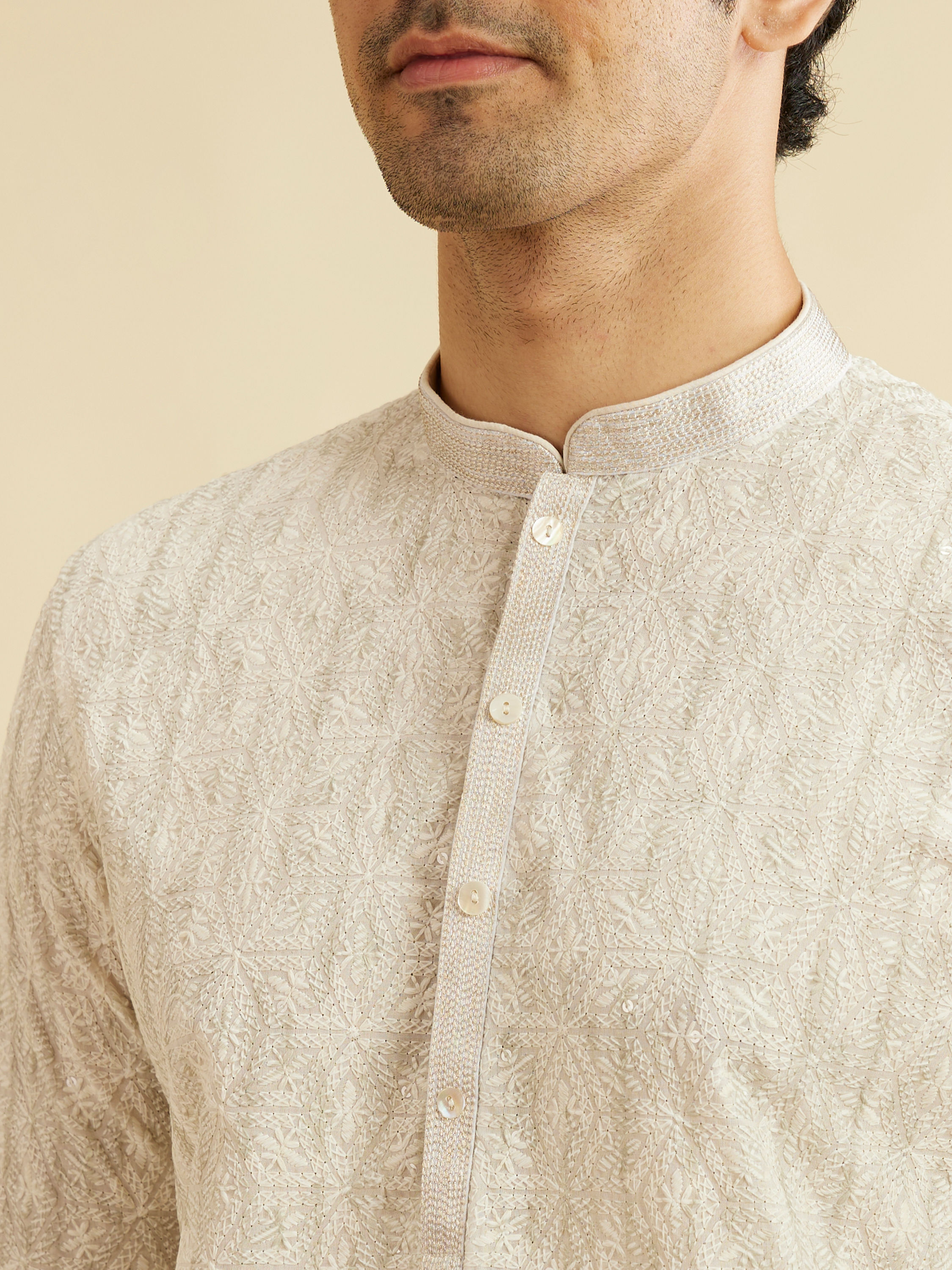 Manyavar Men Soft Beige Chikankari Sequin Embellished Kurta Set