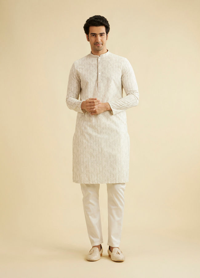 Manyavar Men Soft Beige Chikankari Sequin Embellished Kurta Set