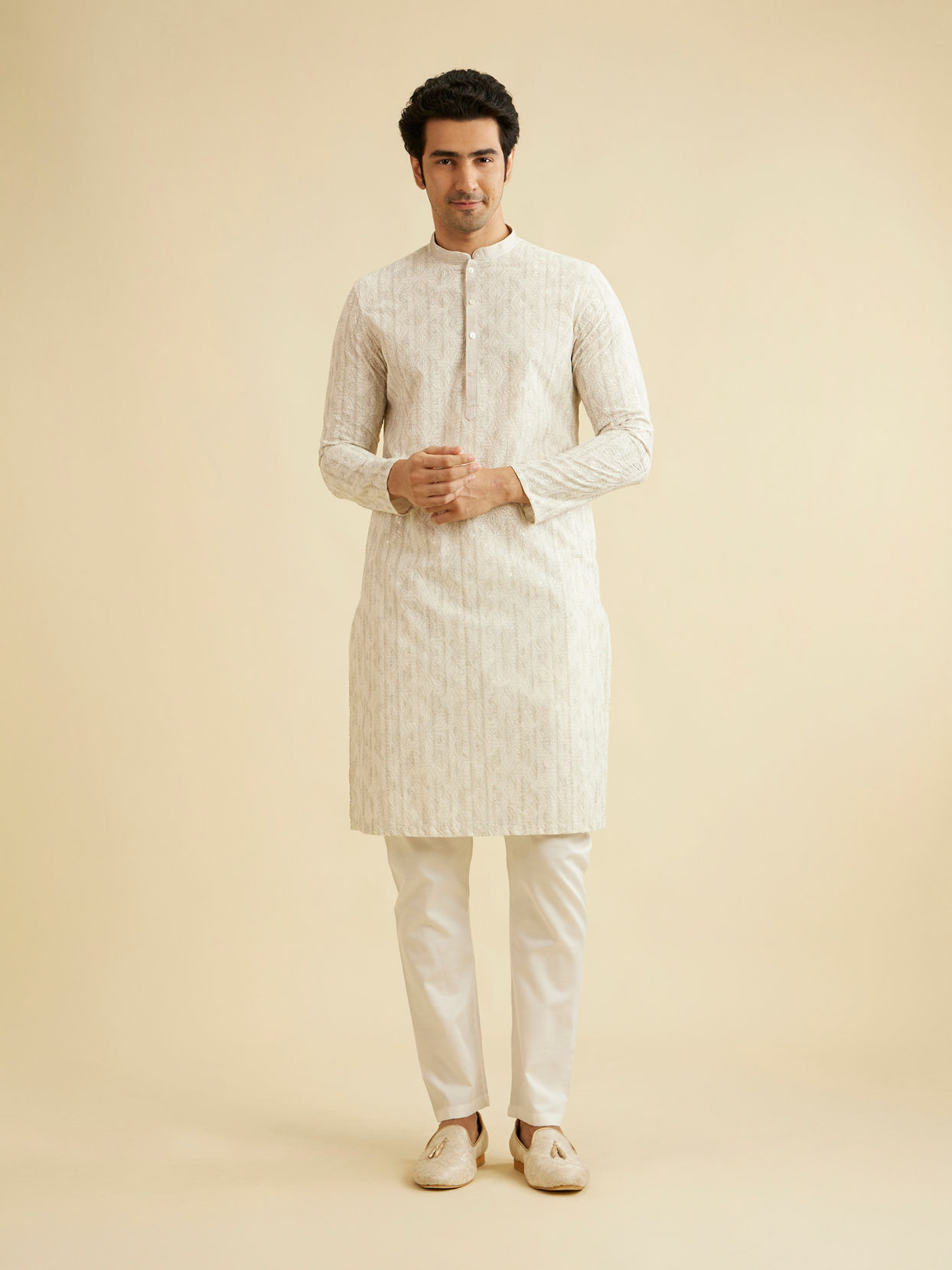 Manyavar Men Soft Beige Chikankari Sequin Embellished Kurta Set