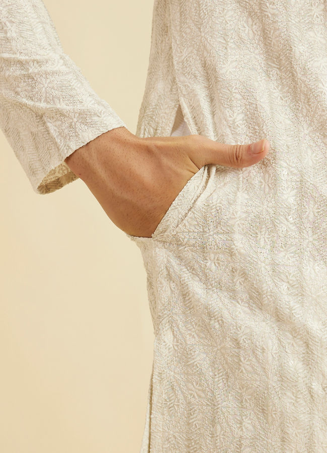 Manyavar Men Soft Beige Chikankari Sequin Embellished Kurta Set