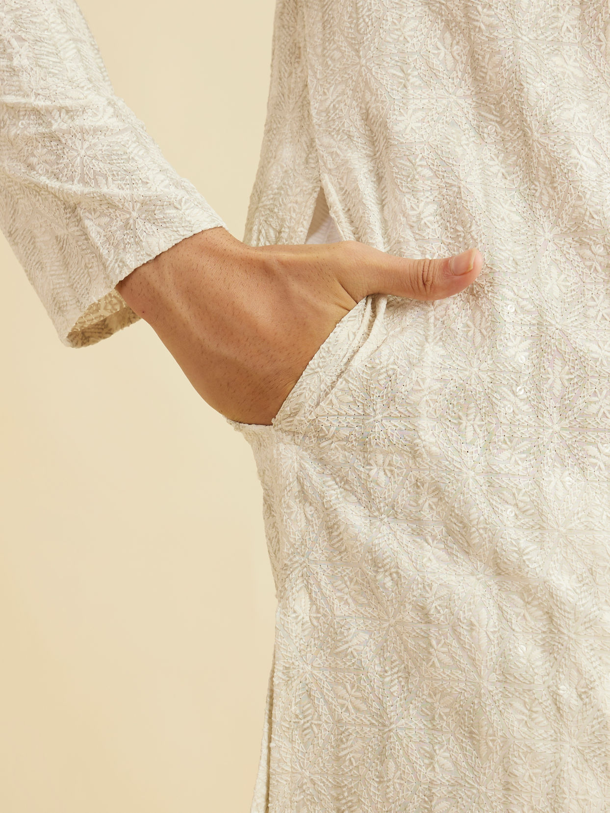 Manyavar Men Soft Beige Chikankari Sequin Embellished Kurta Set