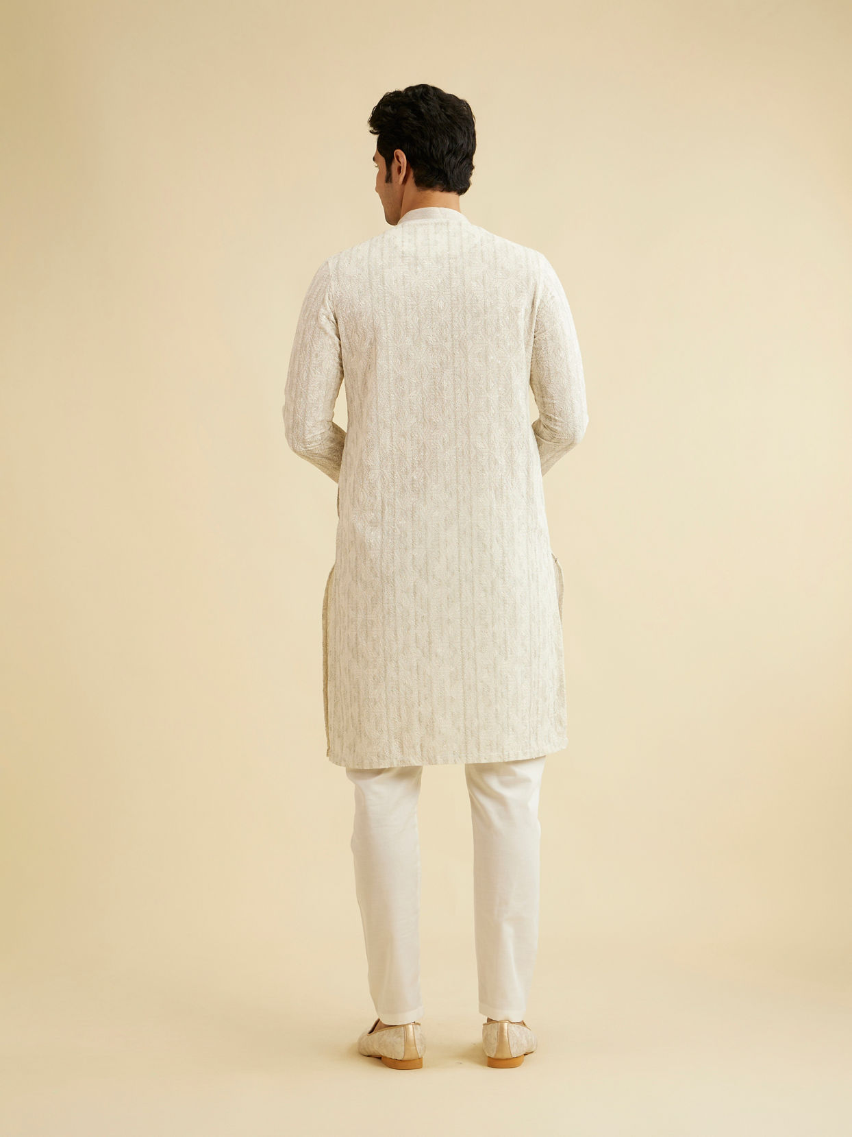 Manyavar Men Soft Beige Chikankari Sequin Embellished Kurta Set