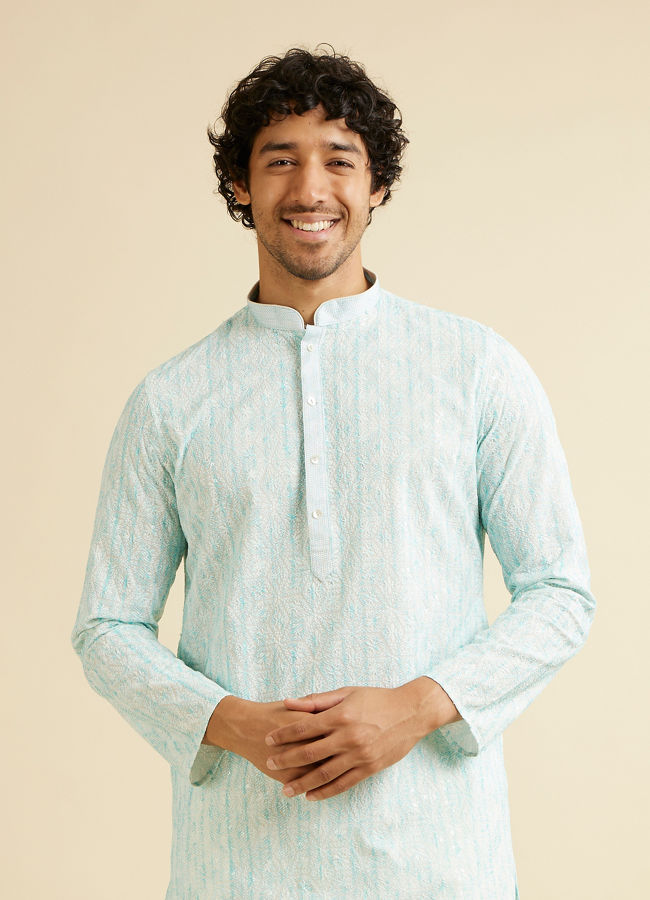 Manyavar Men Aqua Green Sequin Embellished Kurta Set