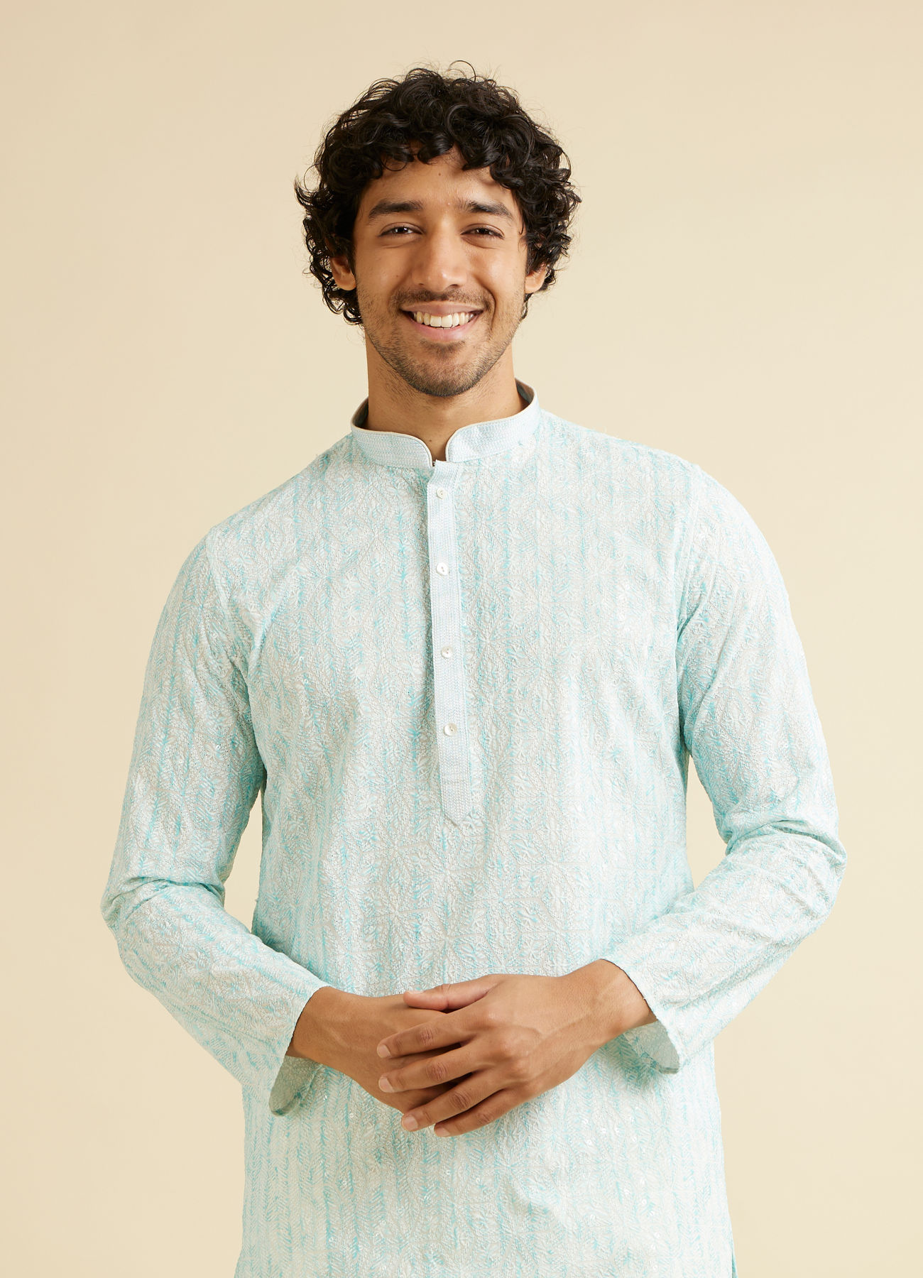 Manyavar Men Aqua Green Sequin Embellished Kurta Set