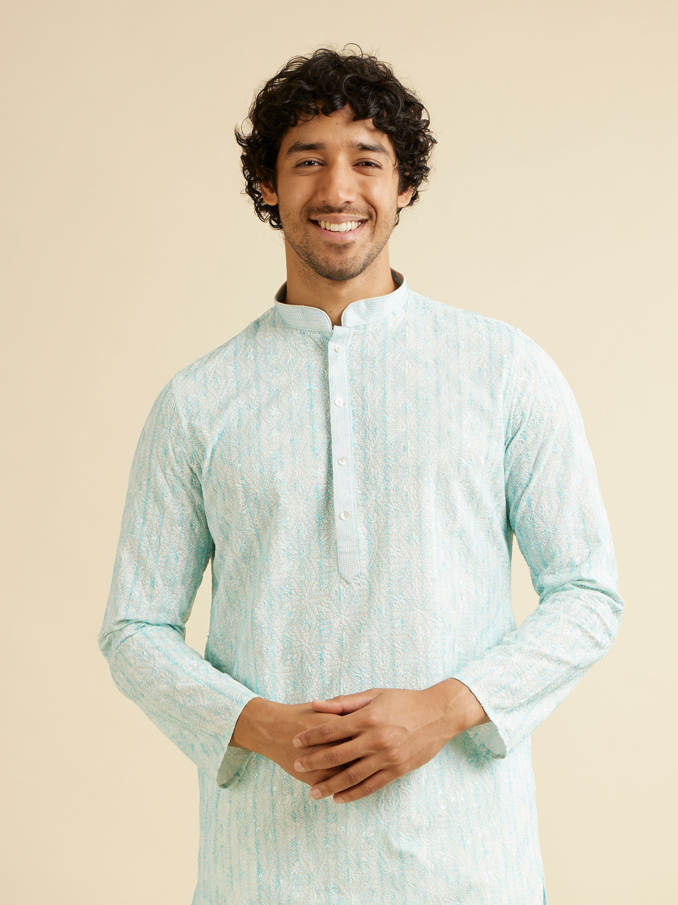 Manyavar Men Aqua Green Sequin Embellished Kurta Set