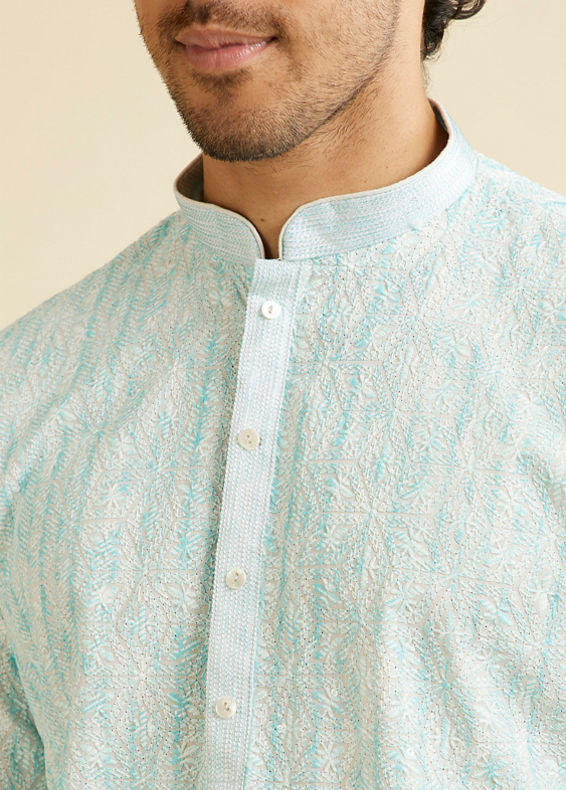 Manyavar Men Aqua Green Sequin Embellished Kurta Set