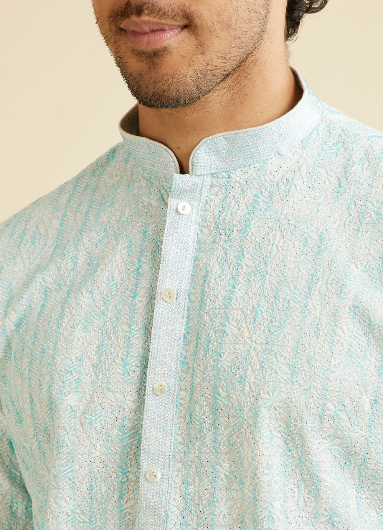 Manyavar Men Aqua Green Sequin Embellished Kurta Set
