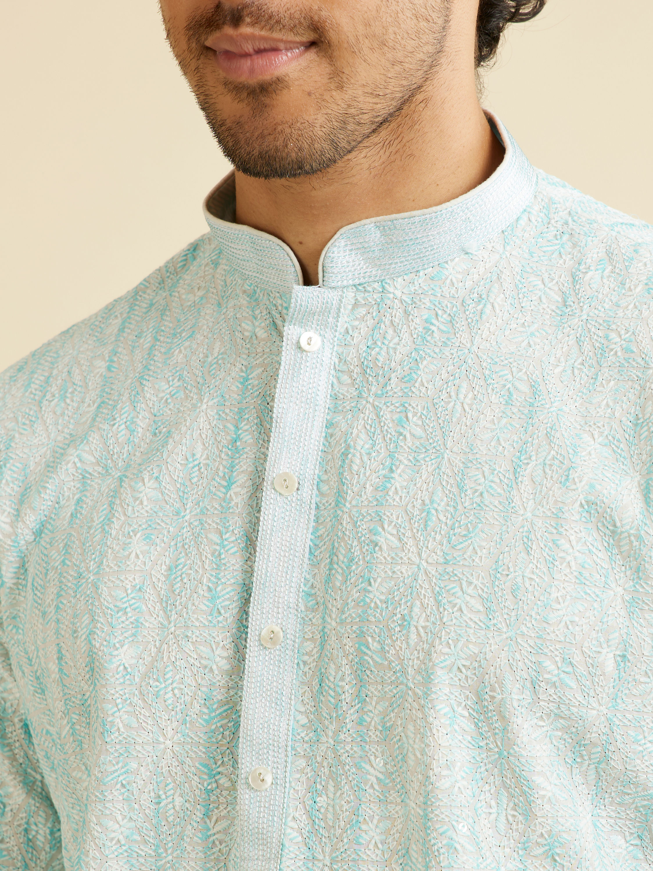 Manyavar Men Aqua Green Sequin Embellished Kurta Set