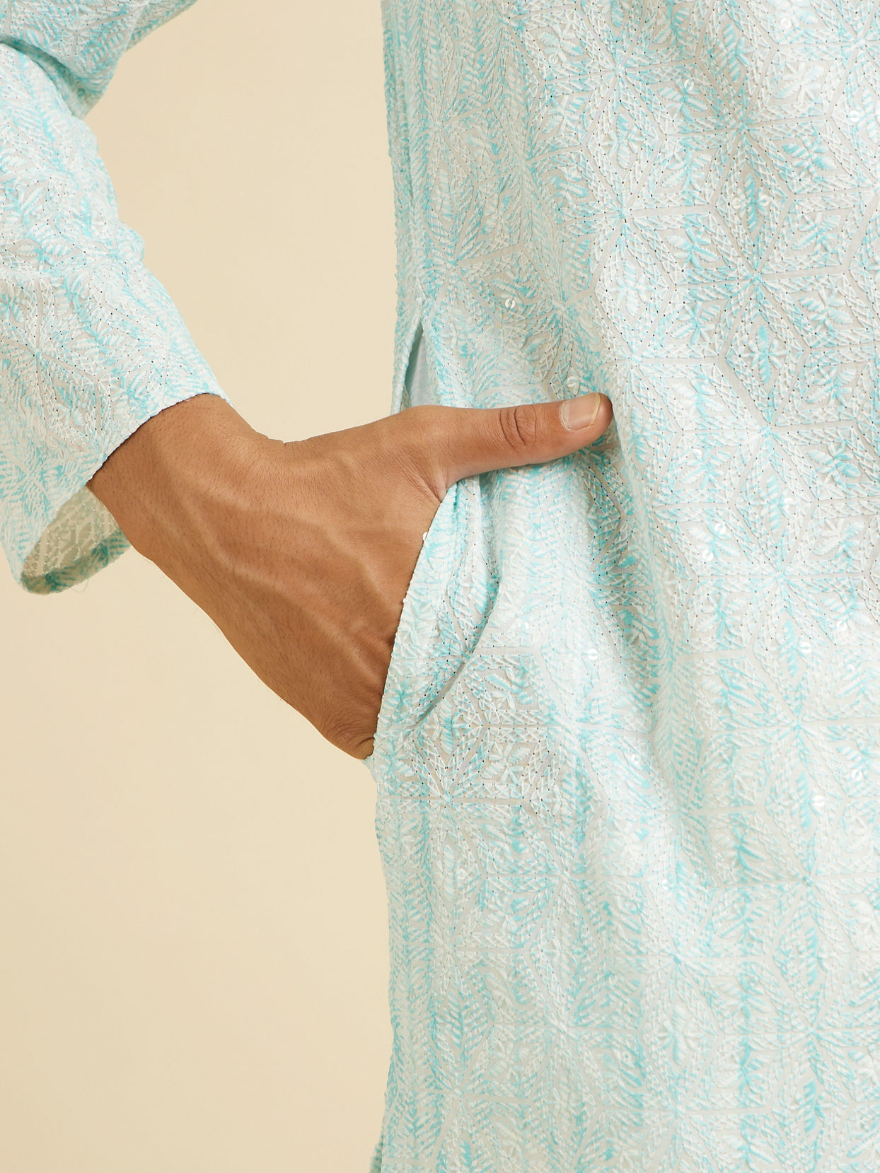 Manyavar Men Aqua Green Sequin Embellished Kurta Set image number 3