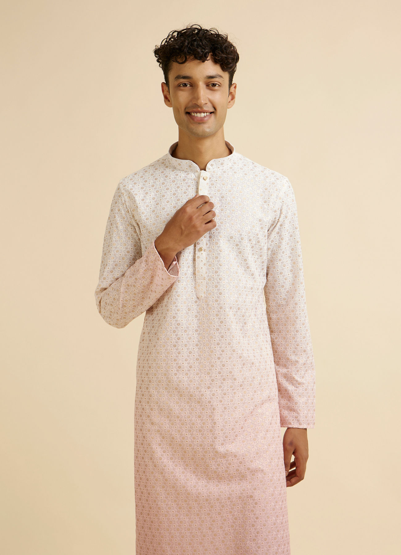 Manyavar Men Pink Ombre Dyed Chikankari Kurta Set