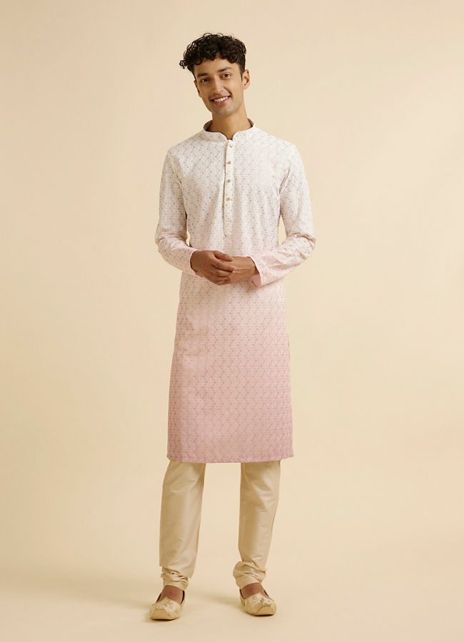 Manyavar Men Pink Ombre Dyed Chikankari Kurta Set